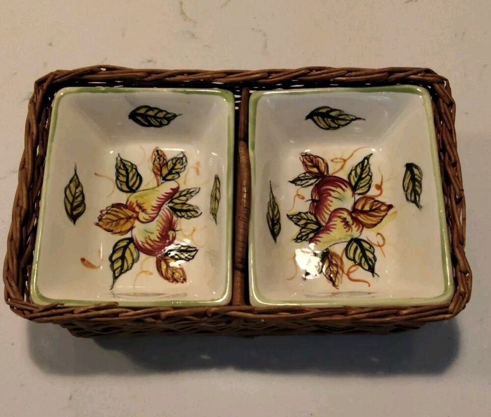 Vtg. Two Ceramic Serving Dishes In Divided Wicker Basket Japan Harvest Theme.